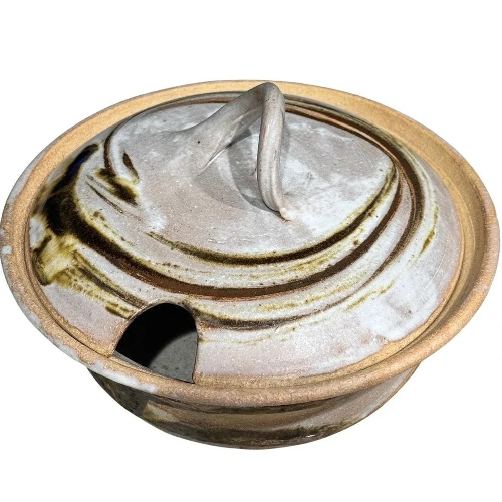 Vintage Studio Pottery Soup Tureen w Lid + 3 Bowls Hand Thrown‎ Stoneware